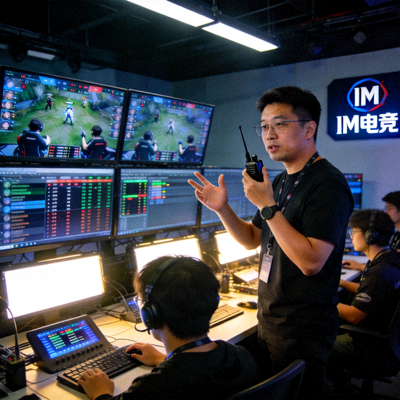 IM电竞赛事运营总监陈磊在赛事指挥中心协调比赛进程的照片