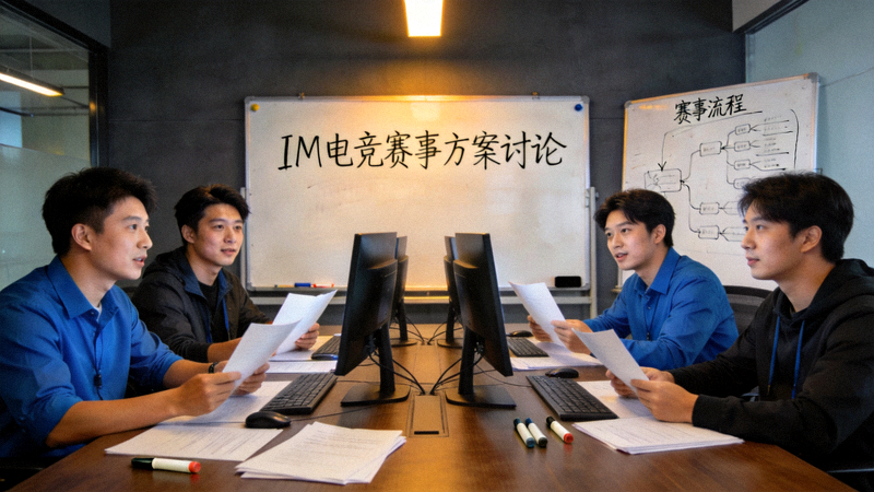 IM电竞赛事策划团队工作会议场景 - 团队成员正在讨论赛事方案