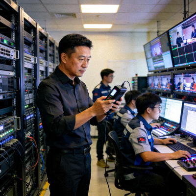 IM电竞首席技术官李华在技术部门检查直播设备运行情况的照片